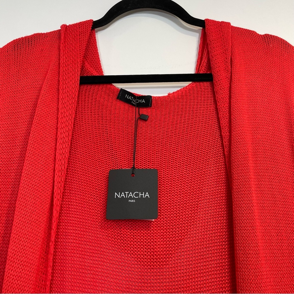 NWT Natacha Paris Open Front Long Sleeve Bold Red Orange Knit Hooded Cardigan - Picture 2 of 11